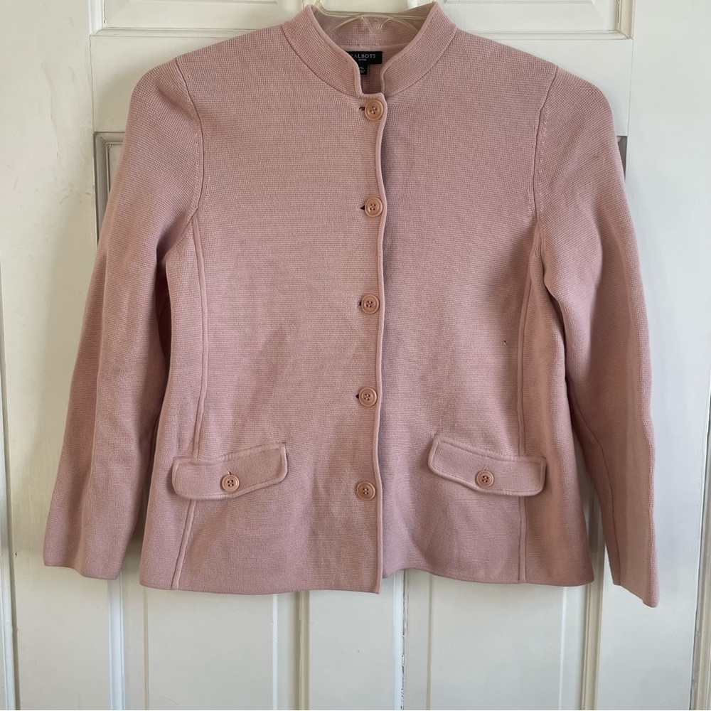 Feminine Blush Pink Talbots Sweater Jacket Size Mp Nehru Collar Button Up